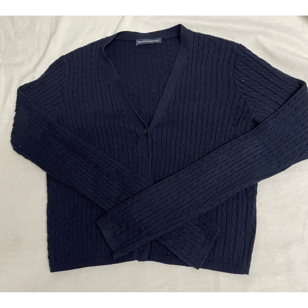 Brandy Melville Cardigan Women OS Navy Blue MH560V Cable Knit V-Neck Cotton